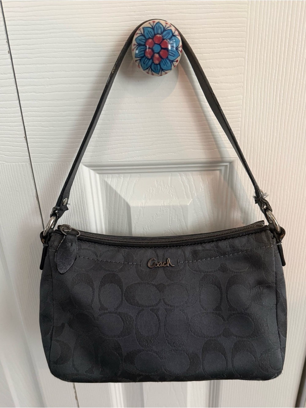 Coach Vintage Y2K Mini Dark Gray Monogram Canvas Shoulder Bag.